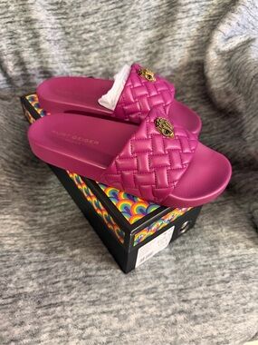 Kurt Geiger Fuchsia Quilted Slide Sandals with Gold Emblem